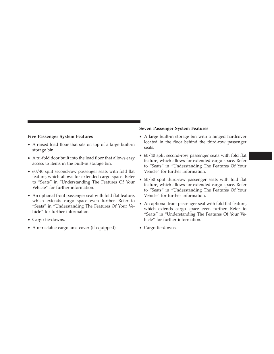 Cargo management system, Five passenger system features, Seven passenger system features | Dodge 2014 Journey - Owner Manual User Manual | Page 287 / 651