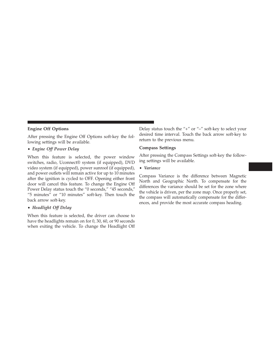 Engine off options, Compass settings | Dodge 2014 Journey - Owner Manual User Manual | Page 349 / 651