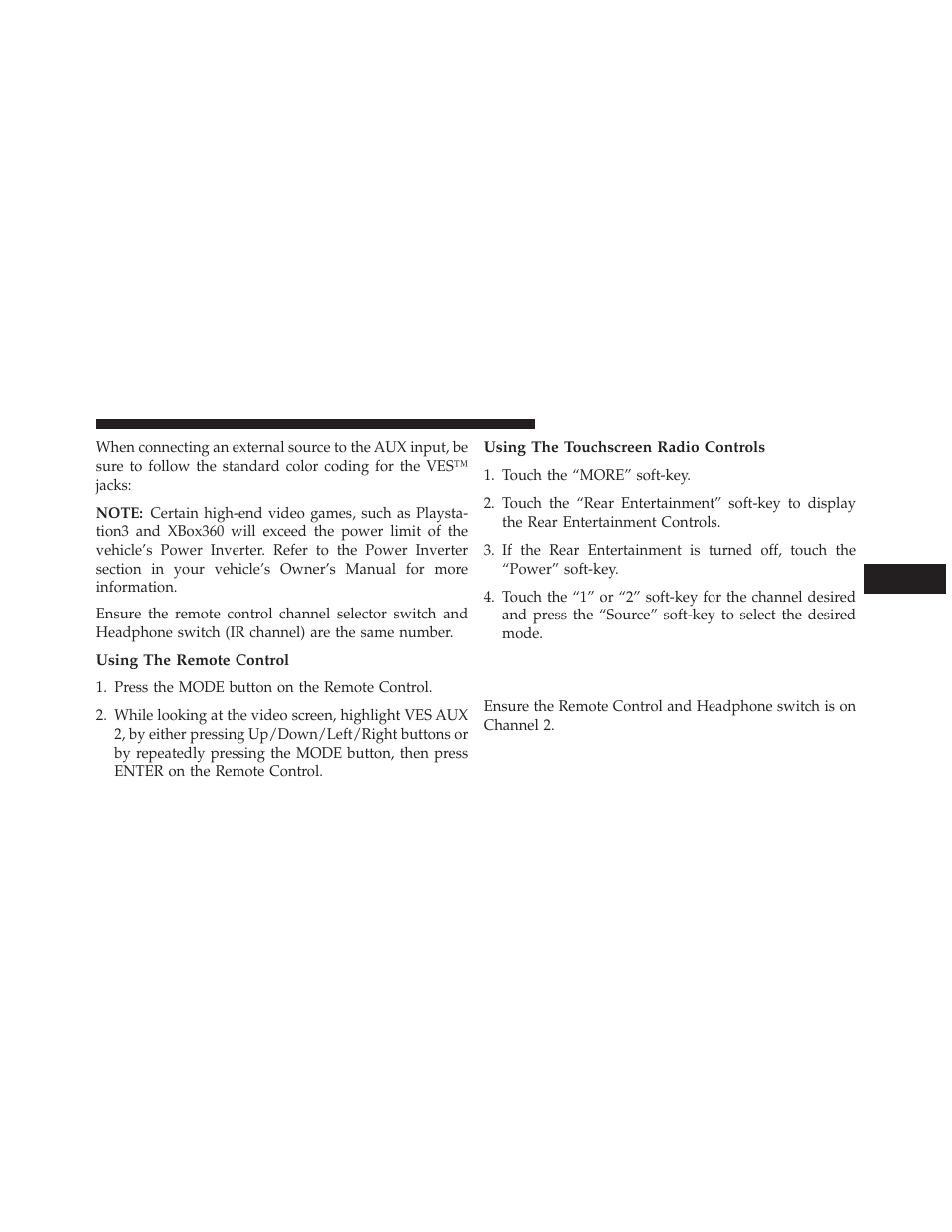 Using the remote control, Using the touchscreen radio controls, Listen to an audio source on channel 2 | While a video is playing on channel 1 | Dodge 2014 Journey - Owner Manual User Manual | Page 355 / 651