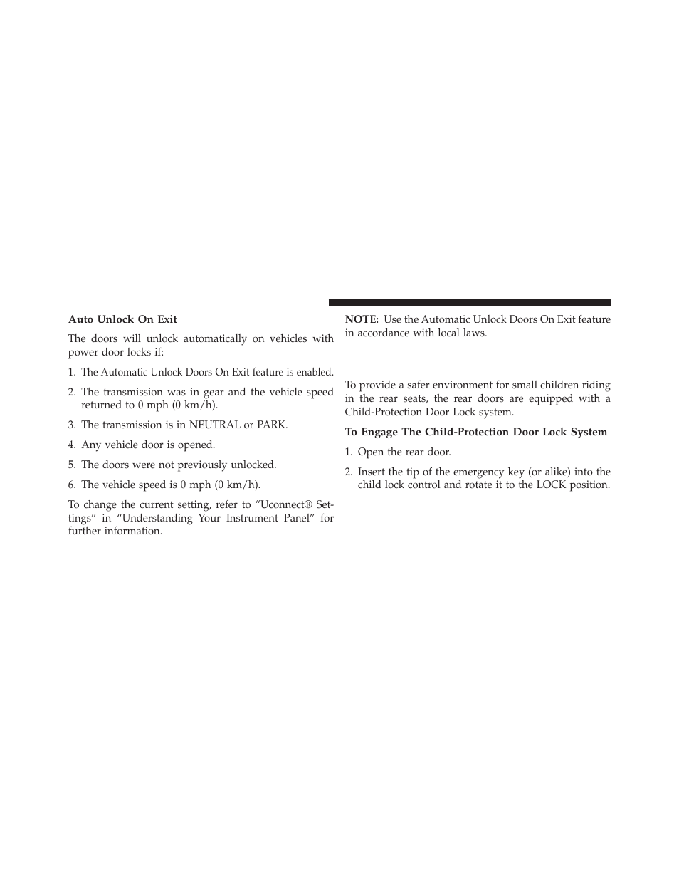 Auto unlock on exit, Child-protection door lock system — rear doors, To engage the child-protection door lock system | Child-protection door lock system, Rear doors | Dodge 2014 Journey - Owner Manual User Manual | Page 36 / 651