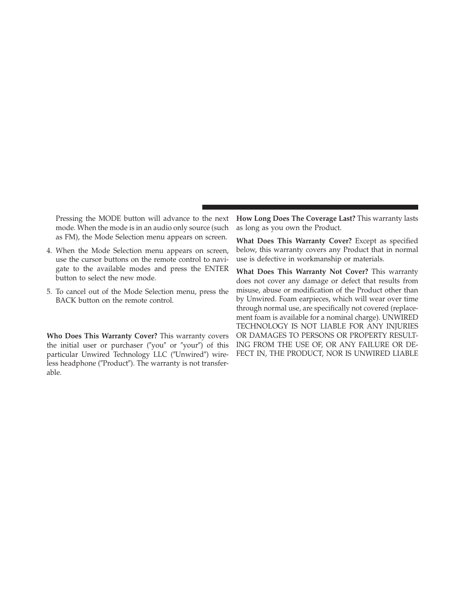 Unwired® stereo headphone lifetime limited, Warranty | Dodge 2014 Journey - Owner Manual User Manual | Page 364 / 651