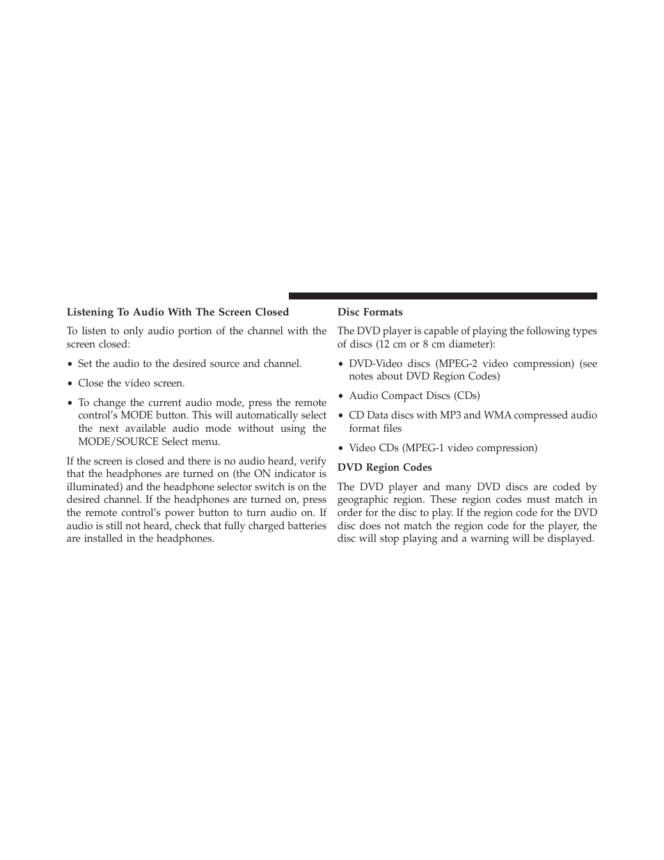 Listening to audio with the screen closed, Disc formats | Dodge 2014 Journey - Owner Manual User Manual | Page 370 / 651