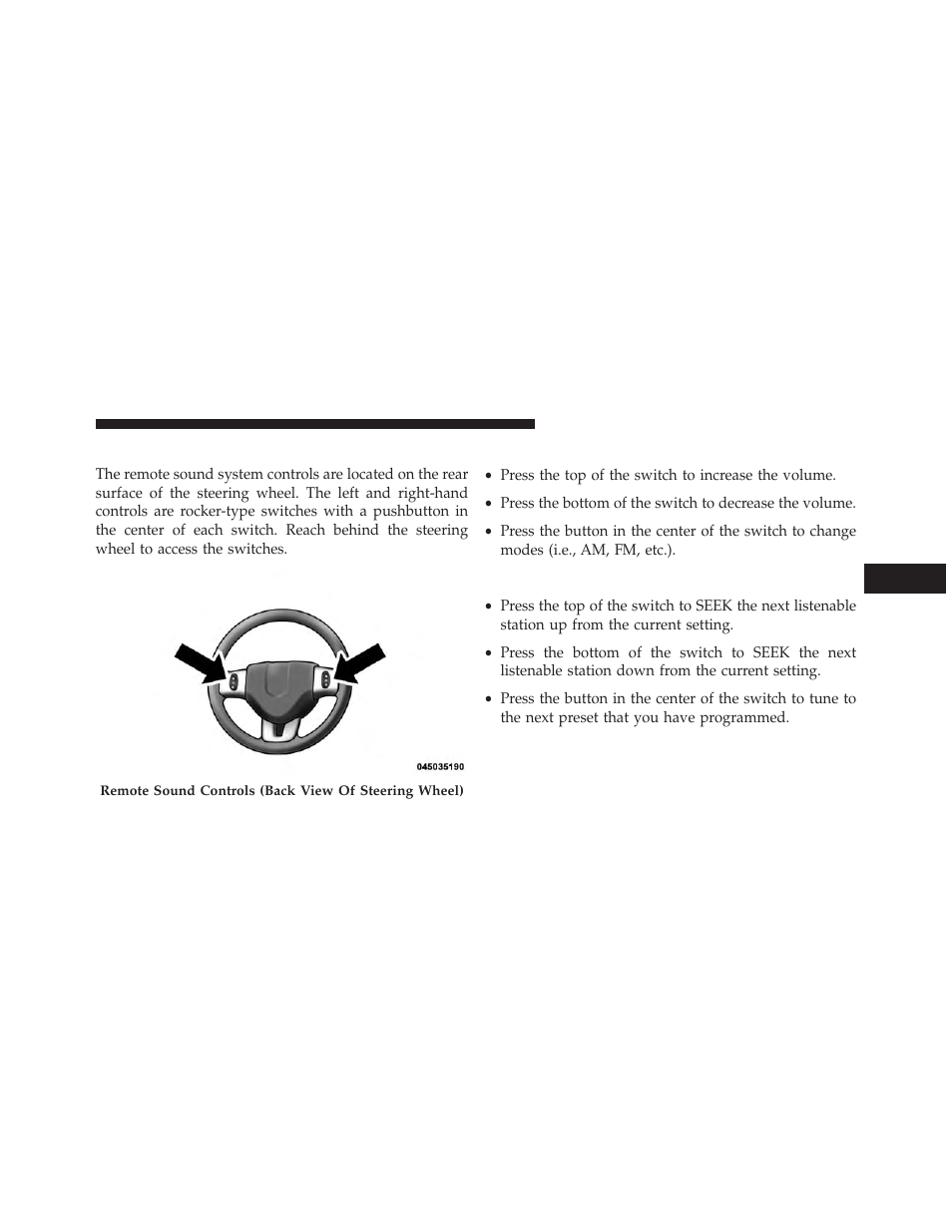Steering wheel audio controls, Right-hand switch functions, Left-hand switch functions for radio operation | Left-hand switch functions for radio, Operation | Dodge 2014 Journey - Owner Manual User Manual | Page 375 / 651