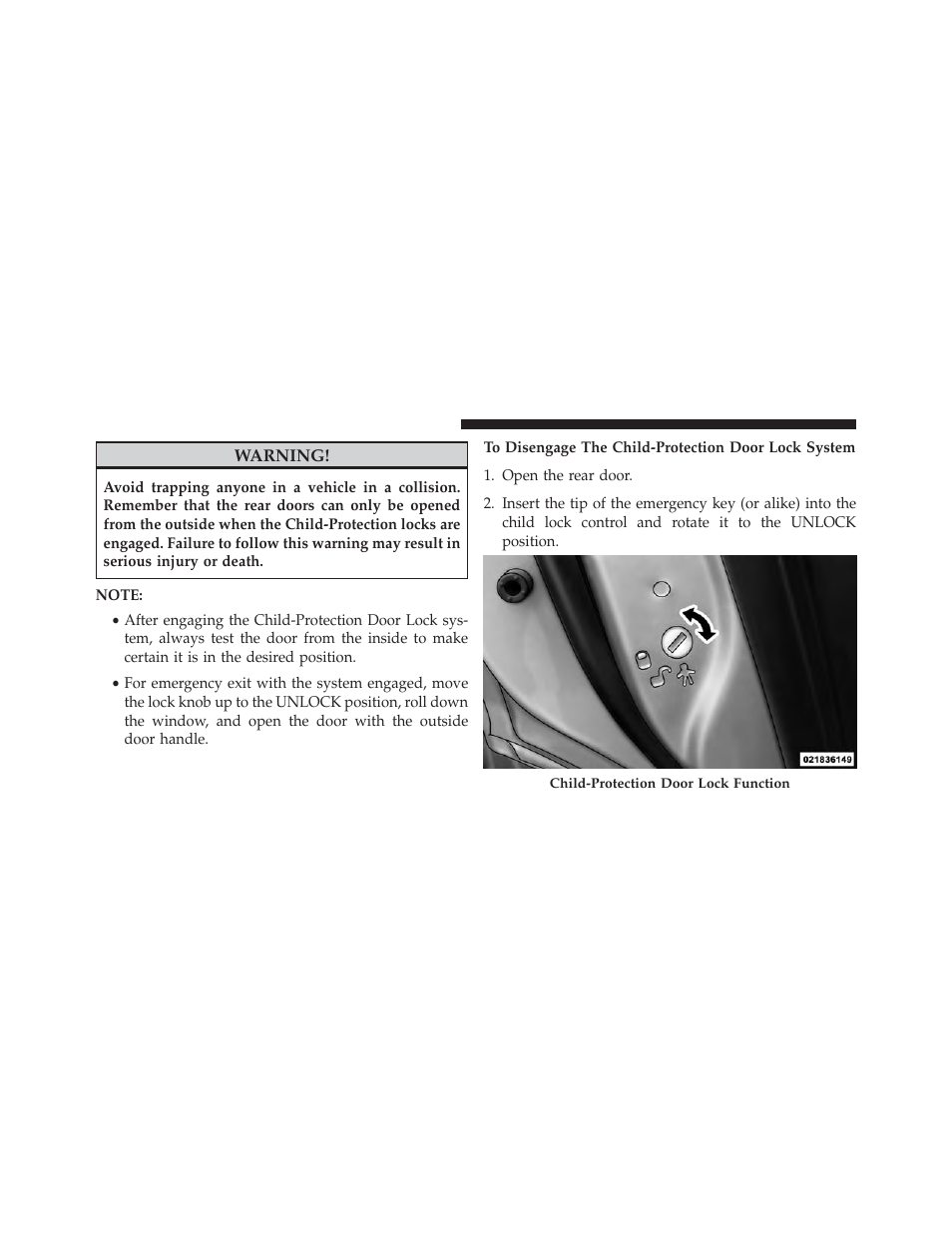 To disengage the child-protection door lock system | Dodge 2014 Journey - Owner Manual User Manual | Page 38 / 651