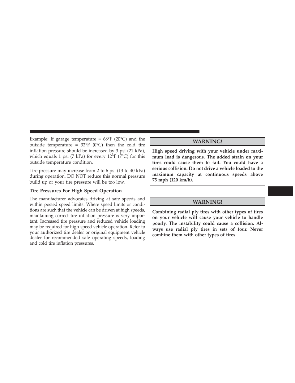 Tire pressures for high speed operation, Radial ply tires | Dodge 2014 Journey - Owner Manual User Manual | Page 465 / 651