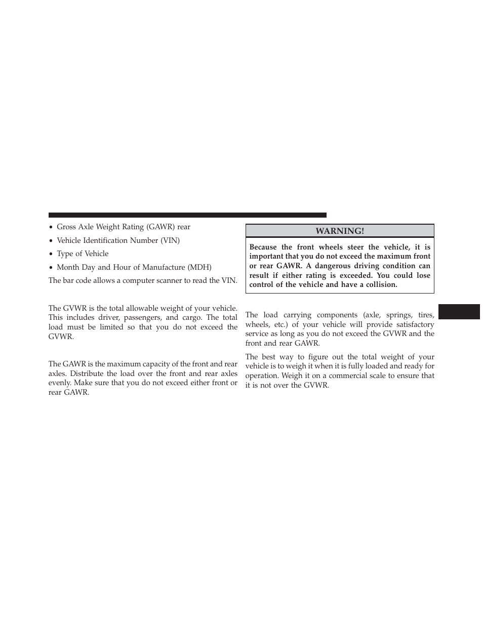 Gross vehicle weight rating (gvwr), Gross axle weight rating (gawr), Overloading | Dodge 2014 Journey - Owner Manual User Manual | Page 497 / 651