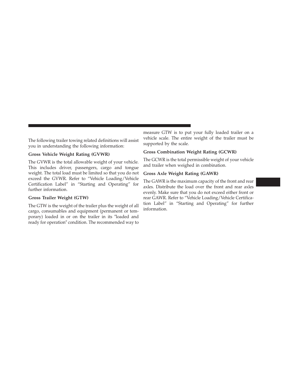 Common towing definitions, Gross vehicle weight rating (gvwr), Gross trailer weight (gtw) | Gross combination weight rating (gcwr), Gross axle weight rating (gawr) | Dodge 2014 Journey - Owner Manual User Manual | Page 499 / 651