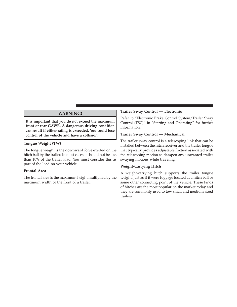 Tongue weight (tw), Frontal area, Trailer sway control — electronic | Trailer sway control — mechanical, Weight-carrying hitch | Dodge 2014 Journey - Owner Manual User Manual | Page 500 / 651