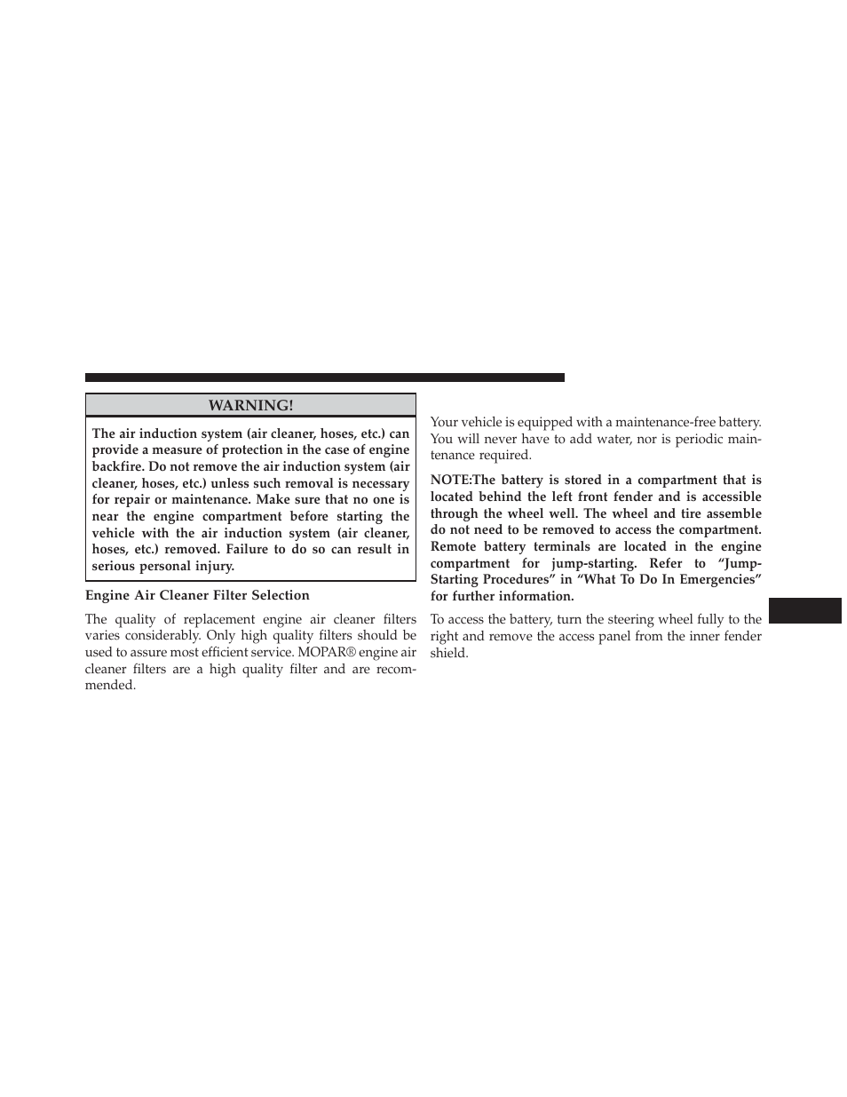 Engine air cleaner filter selection, Maintenance-free battery | Dodge 2014 Journey - Owner Manual User Manual | Page 557 / 651