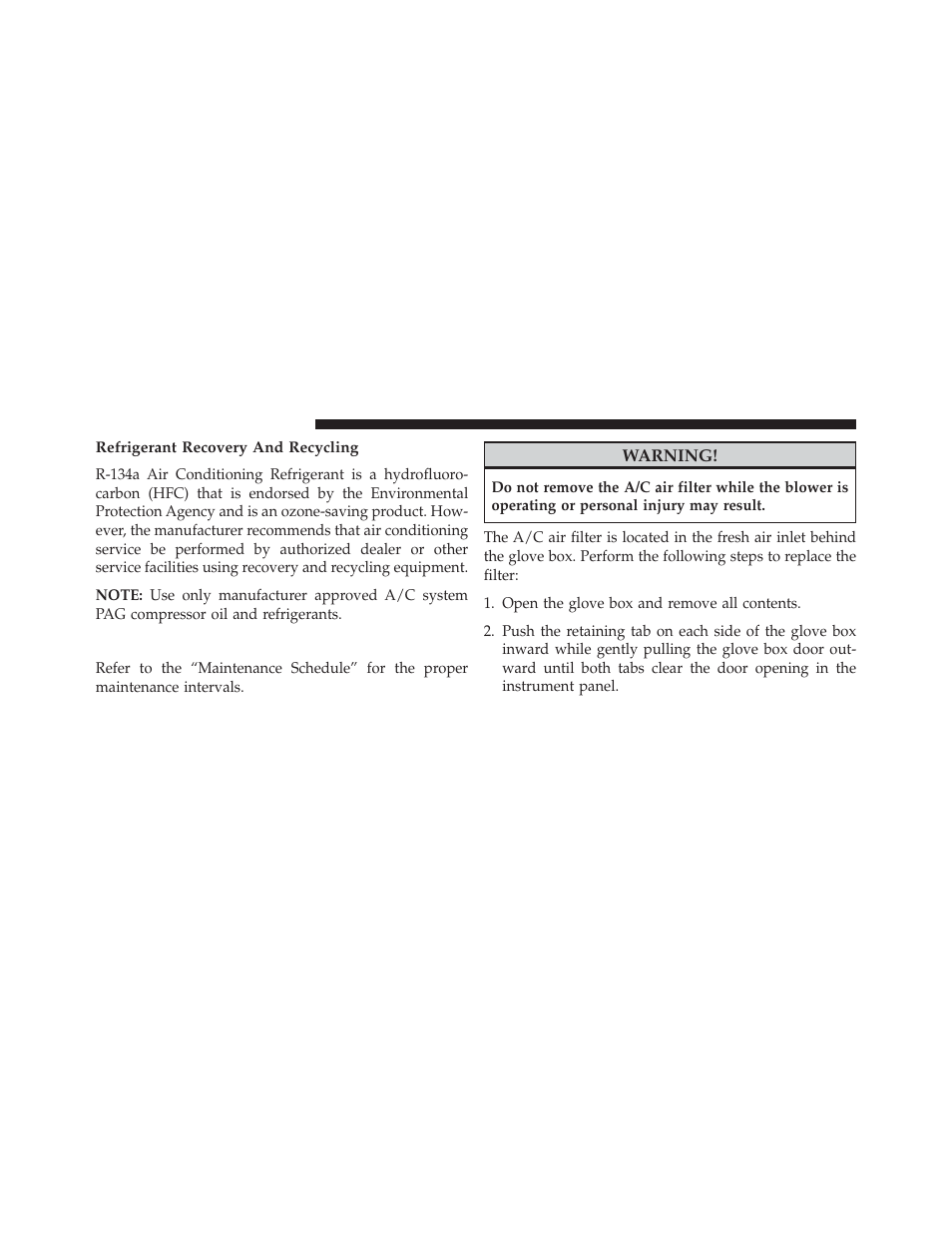 Refrigerant recovery and recycling, A/c air filter — if equipped | Dodge 2014 Journey - Owner Manual User Manual | Page 560 / 651