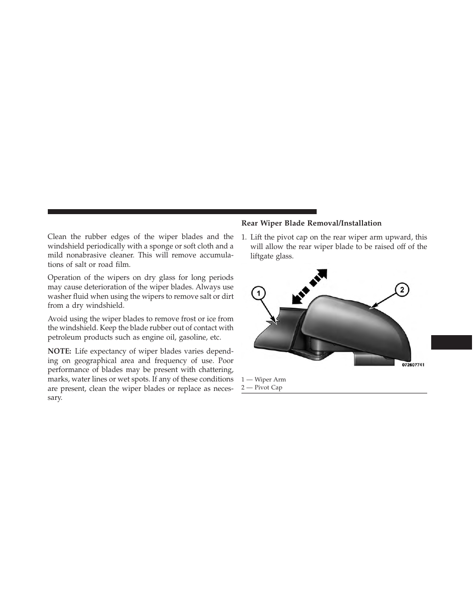 Windshield wiper blades, Rear wiper blade removal/installation | Dodge 2014 Journey - Owner Manual User Manual | Page 563 / 651