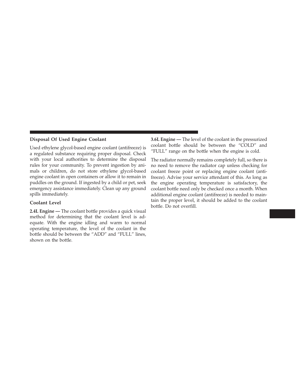 Disposal of used engine coolant, Coolant level | Dodge 2014 Journey - Owner Manual User Manual | Page 573 / 651