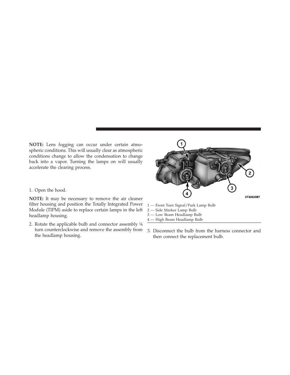 Bulb replacement, Front low/high beam headlamp, turn, Signal/park lamp, and side marker lamp | Dodge 2014 Journey - Owner Manual User Manual | Page 598 / 651