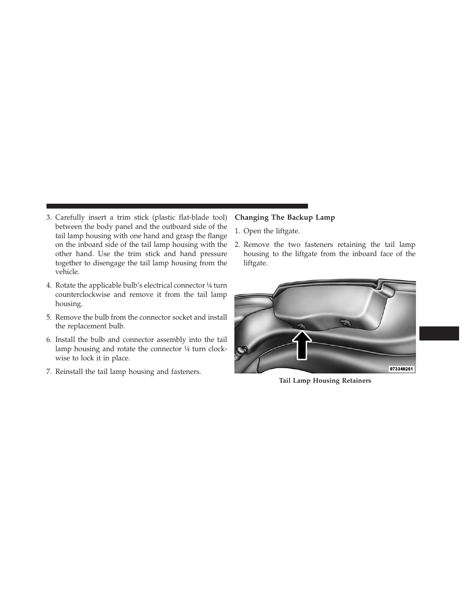 Changing the backup lamp | Dodge 2014 Journey - Owner Manual User Manual | Page 601 / 651