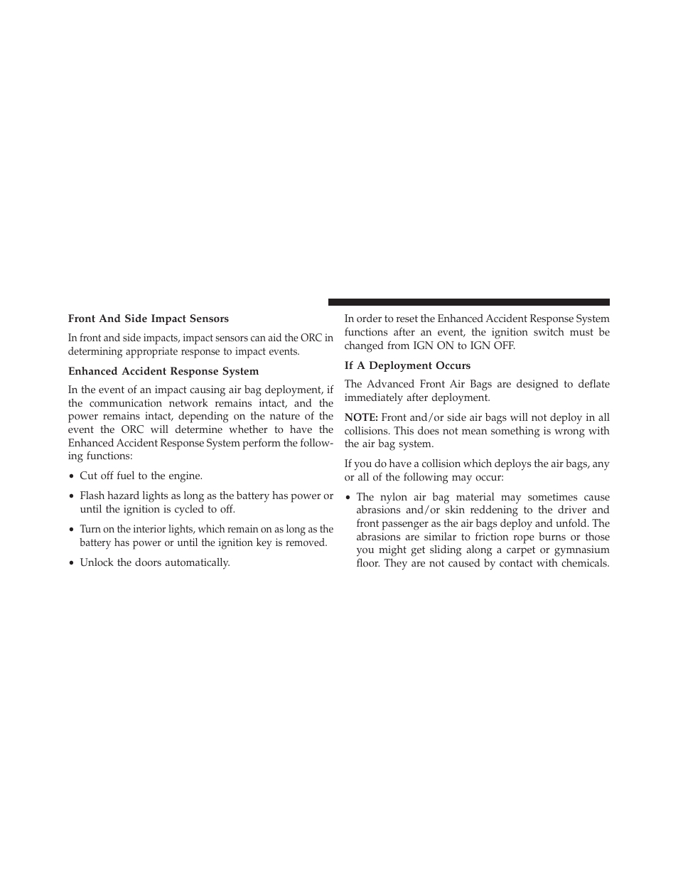 Front and side impact sensors, Enhanced accident response system, If a deployment occurs | Dodge 2014 Journey - Owner Manual User Manual | Page 78 / 651