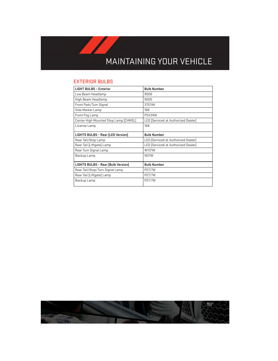 Exterior bulbs, Maintaining your vehicle | Dodge 2014 Journey - User Guide User Manual | Page 109 / 124