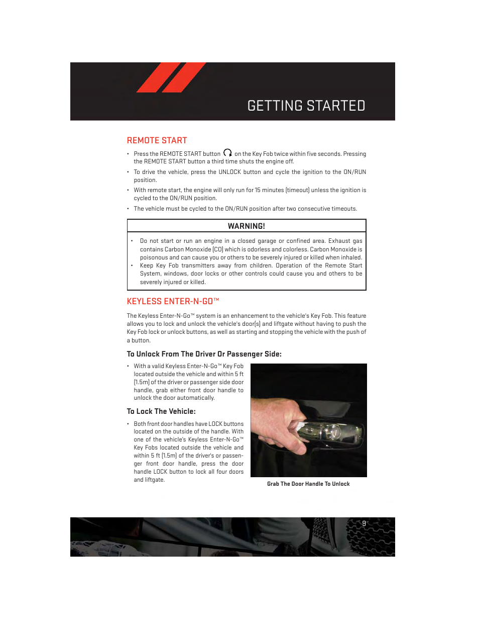 Remote start, Keyless enter-n-go, To unlock from the driver or passenger side | To lock the vehicle, Getting started | Dodge 2014 Journey - User Guide User Manual | Page 11 / 124