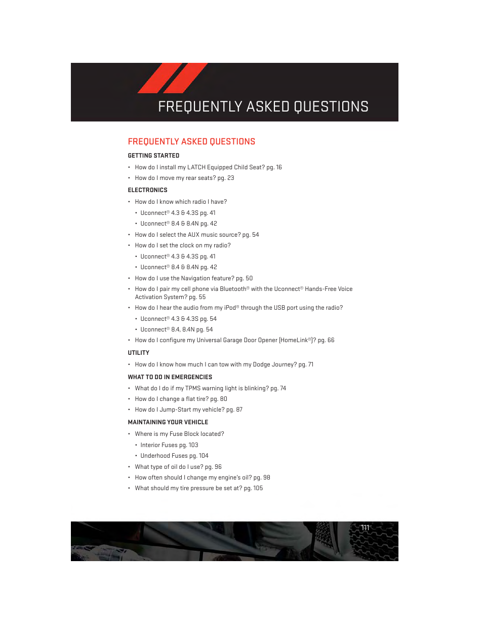 Frequently asked questions | Dodge 2014 Journey - User Guide User Manual | Page 113 / 124