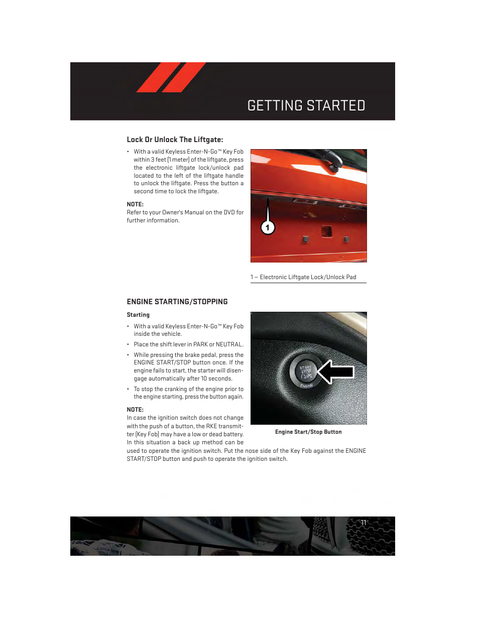 Lock or unlock the liftgate, Engine starting/stopping, Getting started | Dodge 2014 Journey - User Guide User Manual | Page 13 / 124