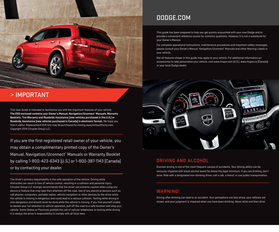 Warning, Driving and alcohol | Dodge 2014 Journey - User Guide User Manual | Page 2 / 124
