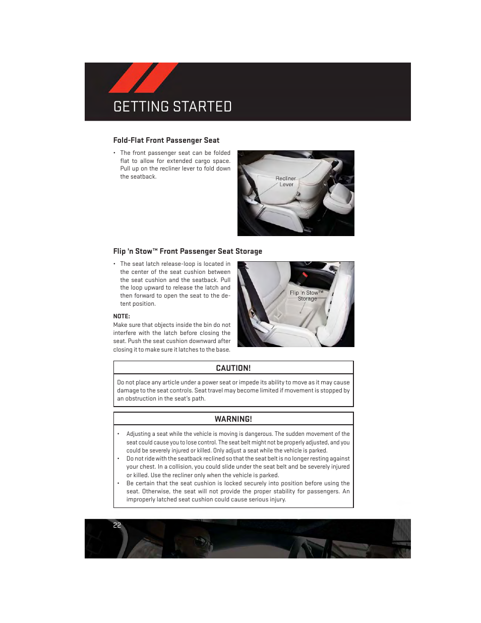 Fold-flat front passenger seat, Flip 'n stow™ front passenger seat storage, Getting started | Dodge 2014 Journey - User Guide User Manual | Page 24 / 124