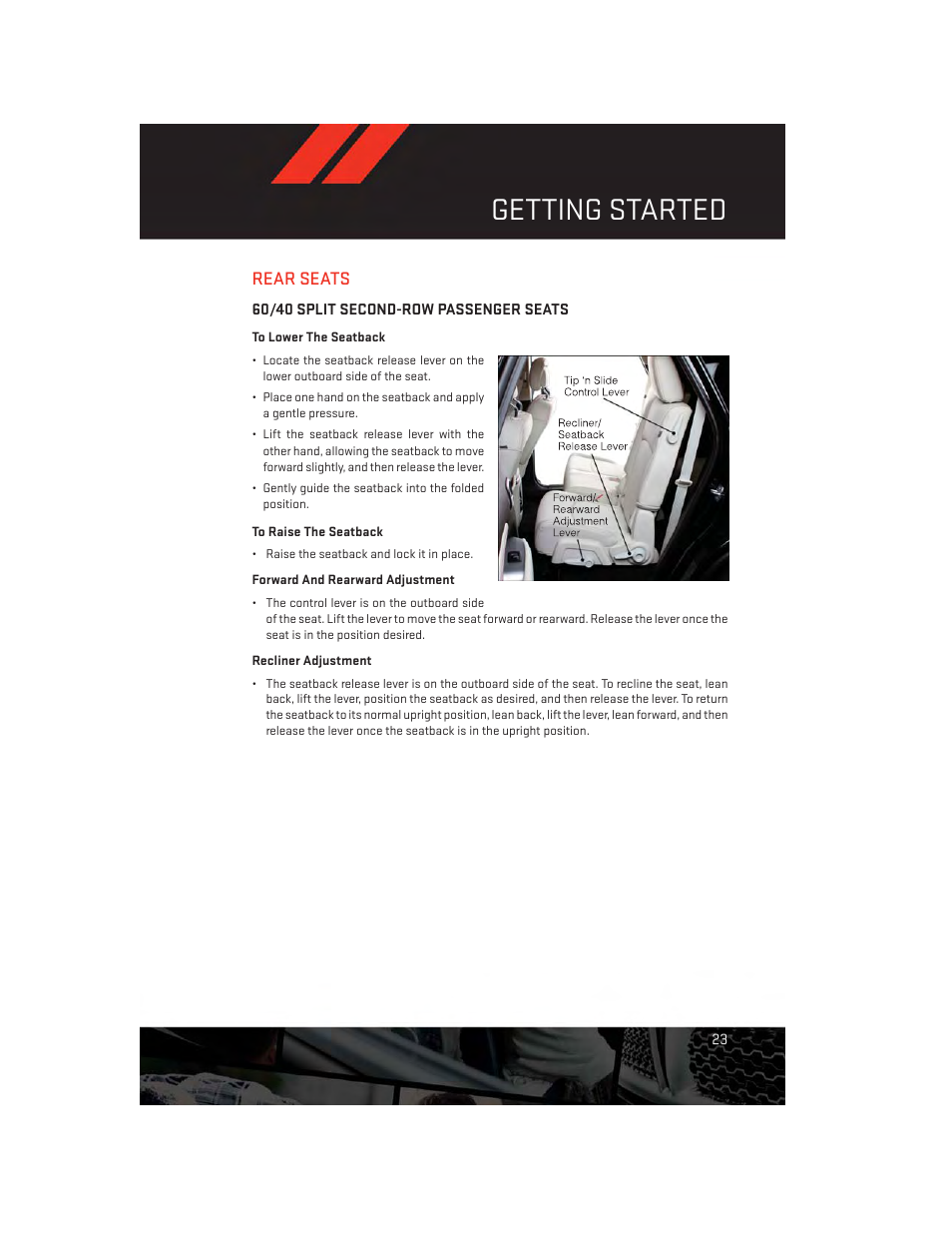 Rear seats, 60/40 split second-row passenger seats, Getting started | Dodge 2014 Journey - User Guide User Manual | Page 25 / 124