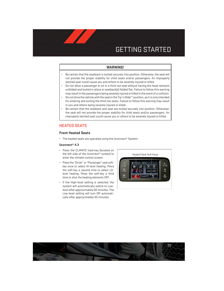 Heated seats, Front heated seats, Getting started | Dodge 2014 Journey - User Guide User Manual | Page 27 / 124