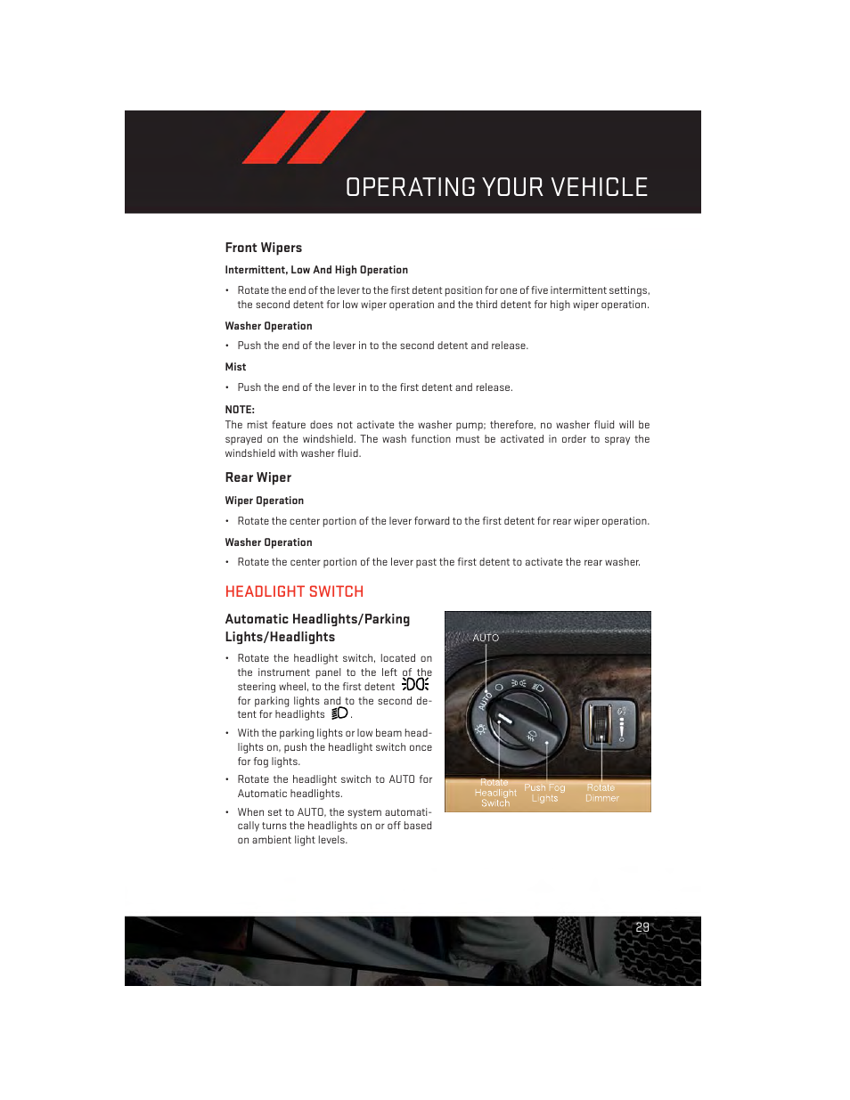 Front wipers, Rear wiper, Headlight switch | Automatic headlights/parking lights/headlights, Operating your vehicle | Dodge 2014 Journey - User Guide User Manual | Page 31 / 124