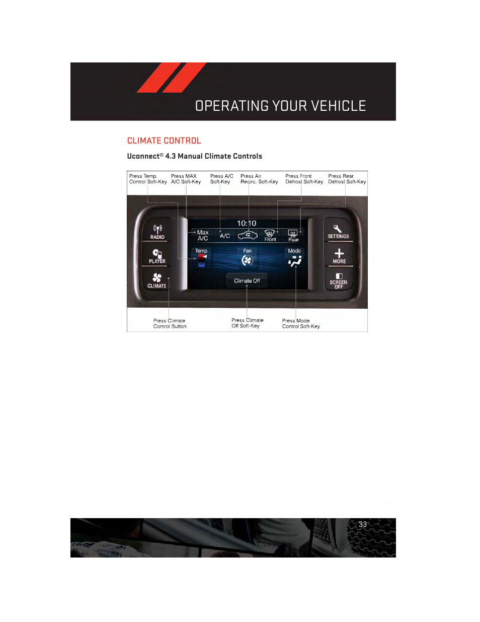 Climate control, Uconnect® 4.3 manual climate controls, Operating your vehicle | Dodge 2014 Journey - User Guide User Manual | Page 35 / 124