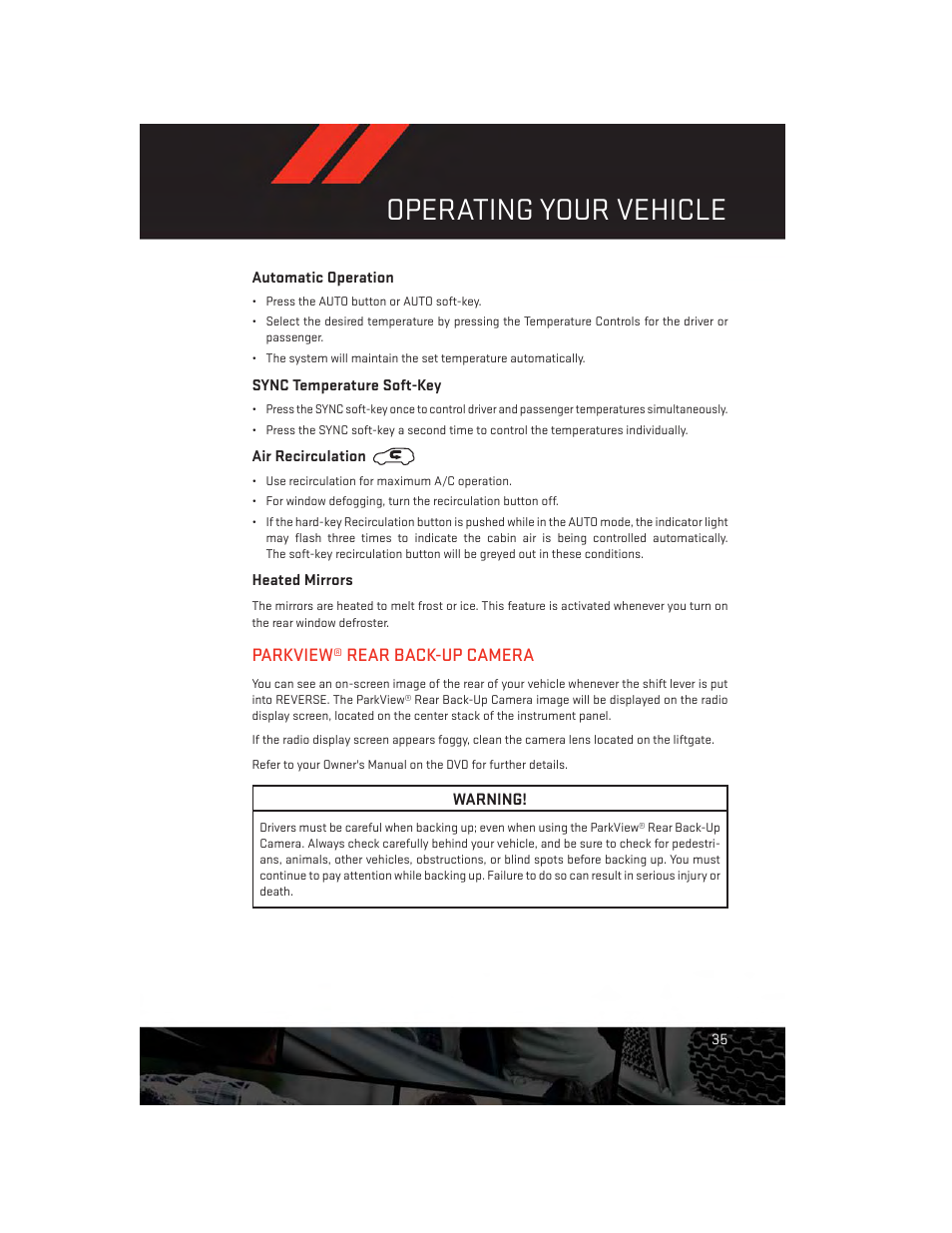 Automatic operation, Sync temperature soft-key, Air recirculation | Heated mirrors, Parkview® rear back-up camera, Operating your vehicle | Dodge 2014 Journey - User Guide User Manual | Page 37 / 124