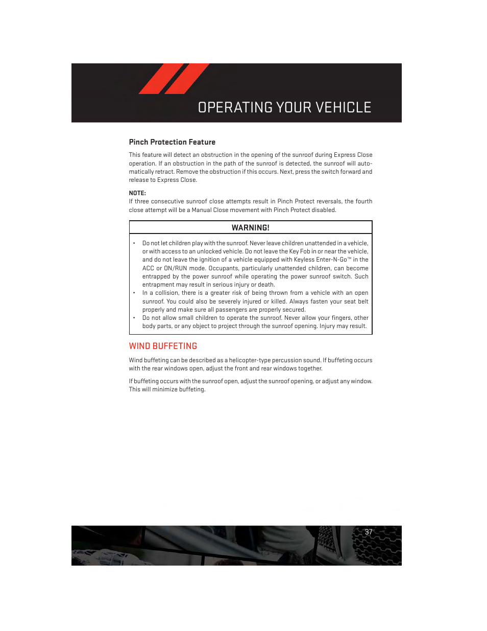 Pinch protection feature, Wind buffeting, Operating your vehicle | Dodge 2014 Journey - User Guide User Manual | Page 39 / 124