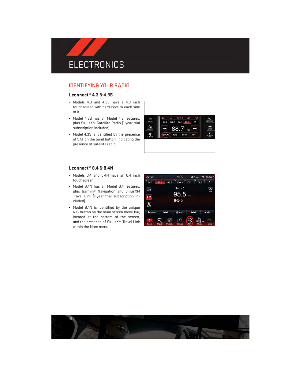 Identifying your radio, Uconnect® 4.3 & 4.3s, Uconnect® 8.4 & 8.4n | Electronics | Dodge 2014 Journey - User Guide User Manual | Page 42 / 124