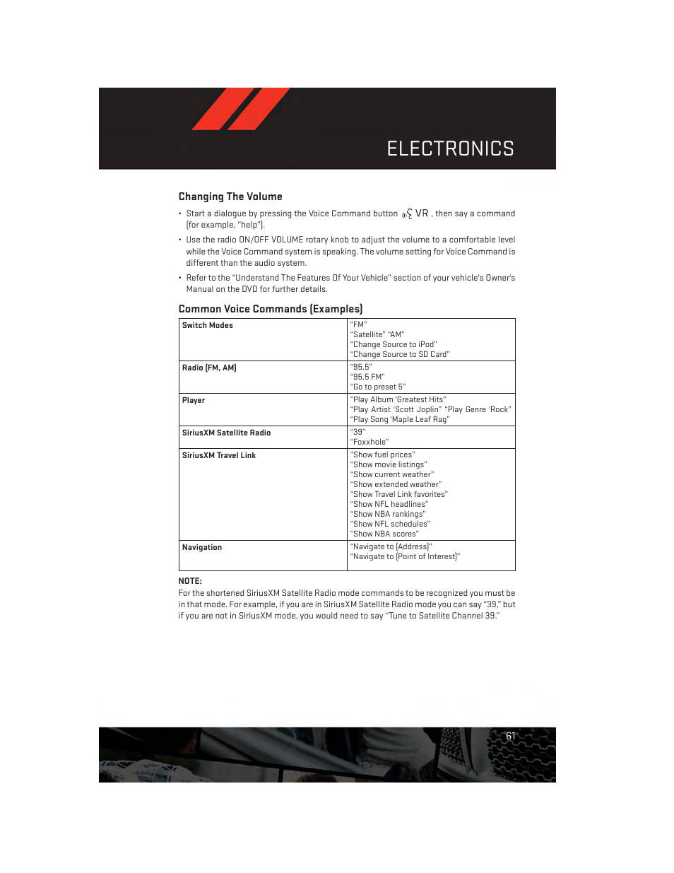 Changing the volume, Common voice commands (examples), Electronics | Dodge 2014 Journey - User Guide User Manual | Page 63 / 124