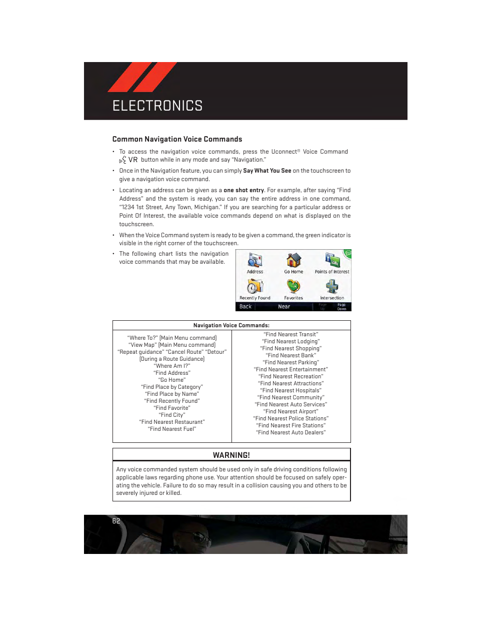 Common navigation voice commands, Electronics, Warning | Dodge 2014 Journey - User Guide User Manual | Page 64 / 124