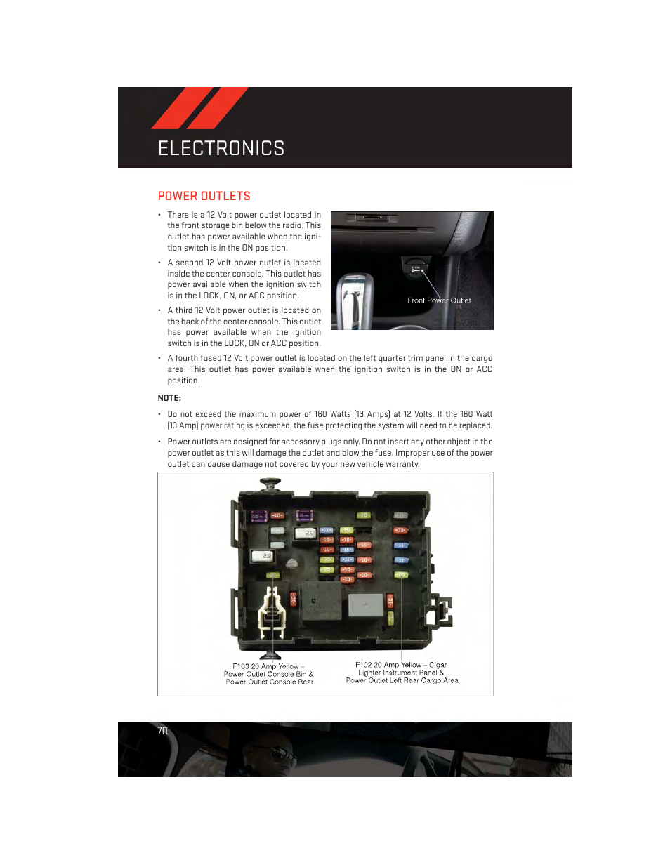 Power outlets, Electronics | Dodge 2014 Journey - User Guide User Manual | Page 72 / 124