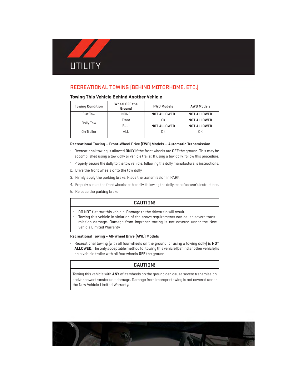 Recreational towing (behind motorhome, etc.), Towing this vehicle behind another vehicle, Utility | Caution | Dodge 2014 Journey - User Guide User Manual | Page 74 / 124