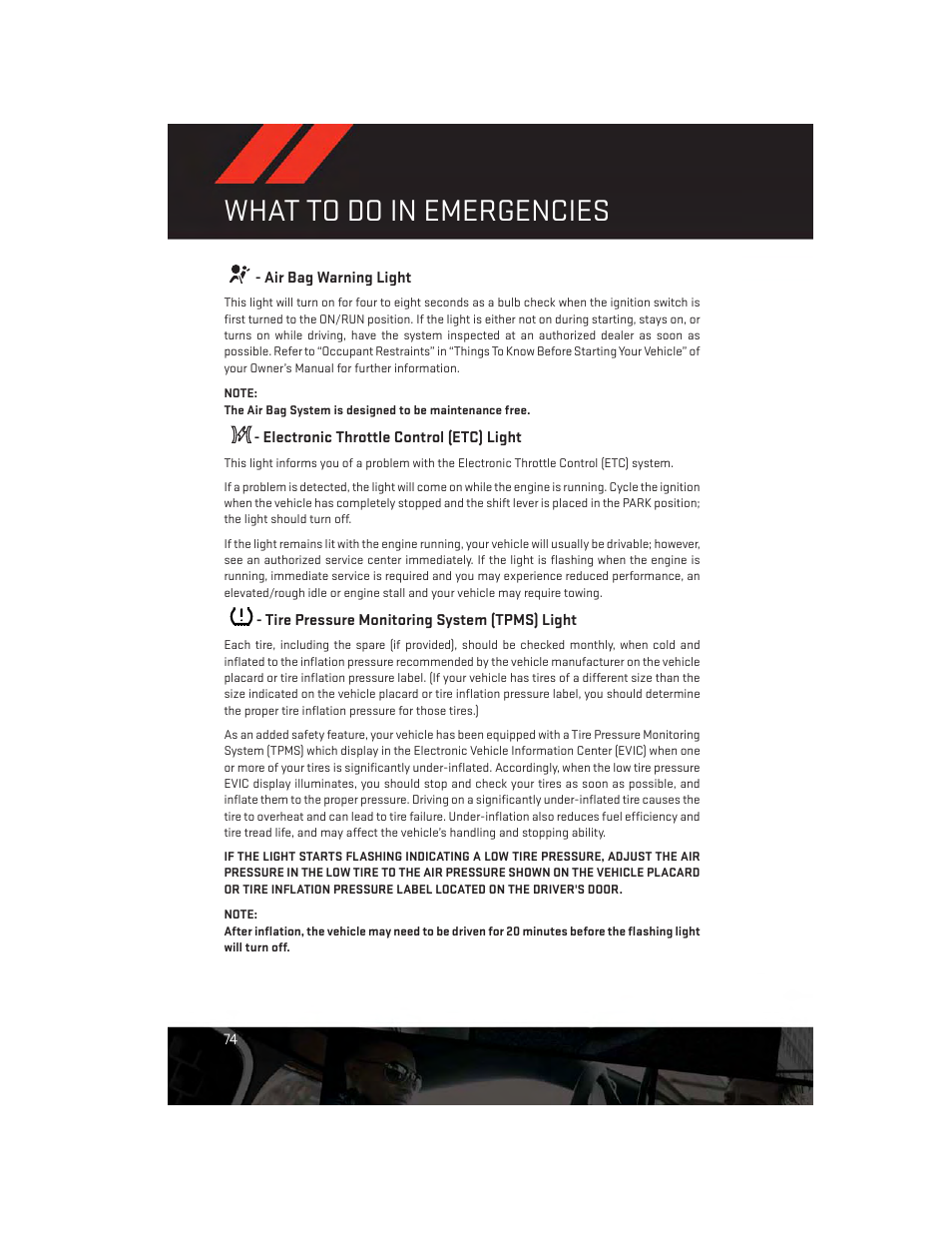 Air bag warning light, Electronic throttle control (etc) light, Tire pressure monitoring system (tpms) light | What to do in emergencies | Dodge 2014 Journey - User Guide User Manual | Page 76 / 124