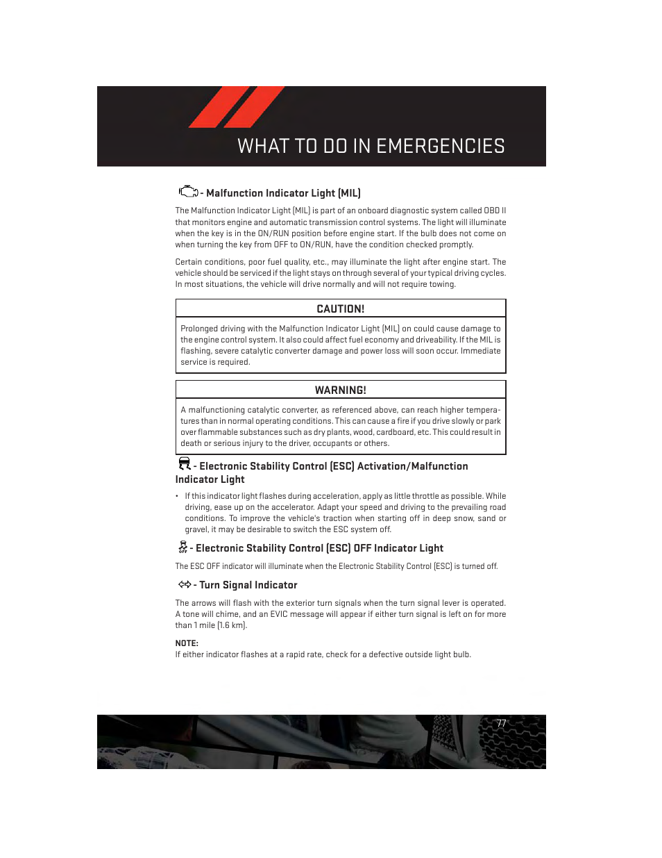 Malfunction indicator light (mil), Turn signal indicator, What to do in emergencies | Dodge 2014 Journey - User Guide User Manual | Page 79 / 124