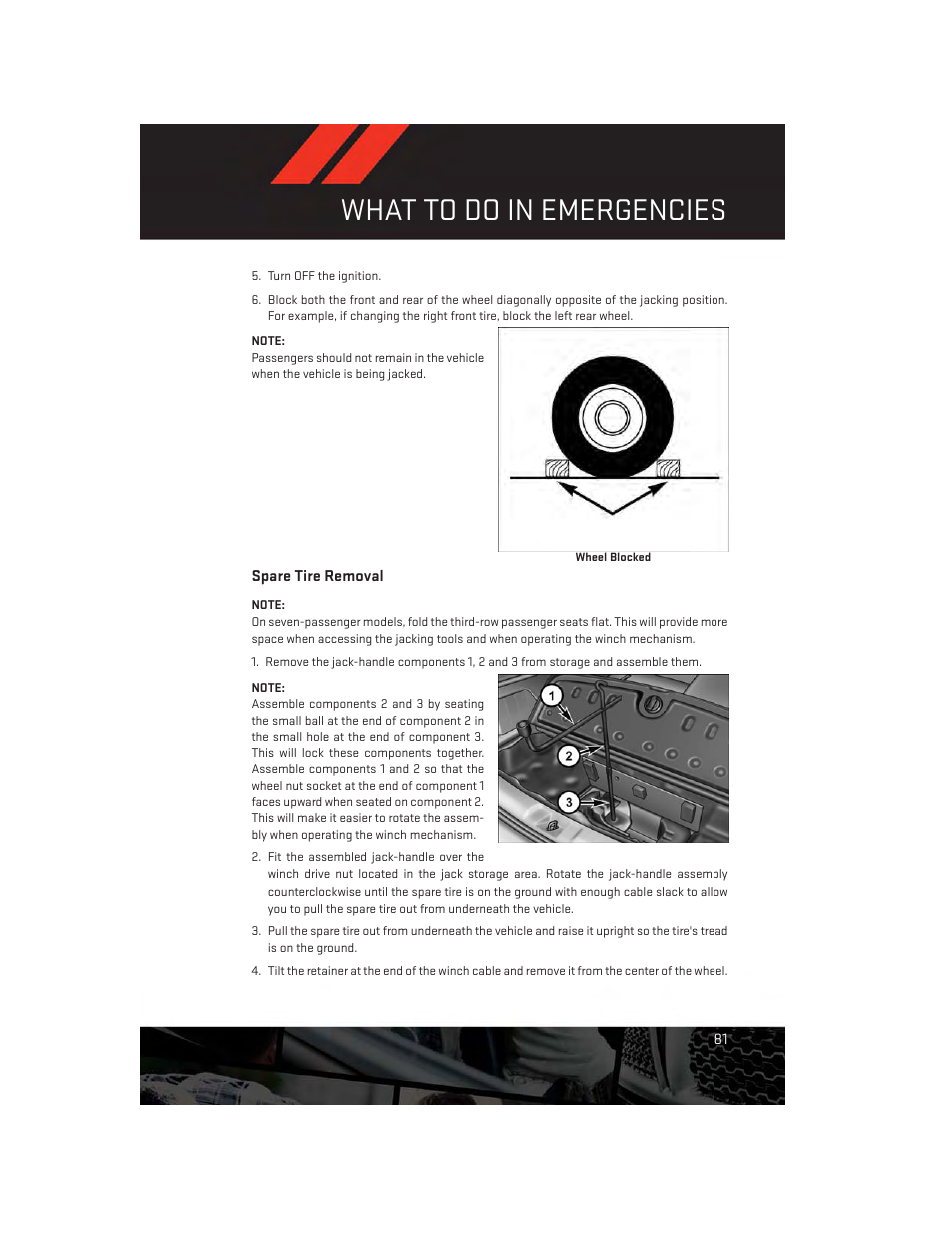 Spare tire removal, What to do in emergencies | Dodge 2014 Journey - User Guide User Manual | Page 83 / 124