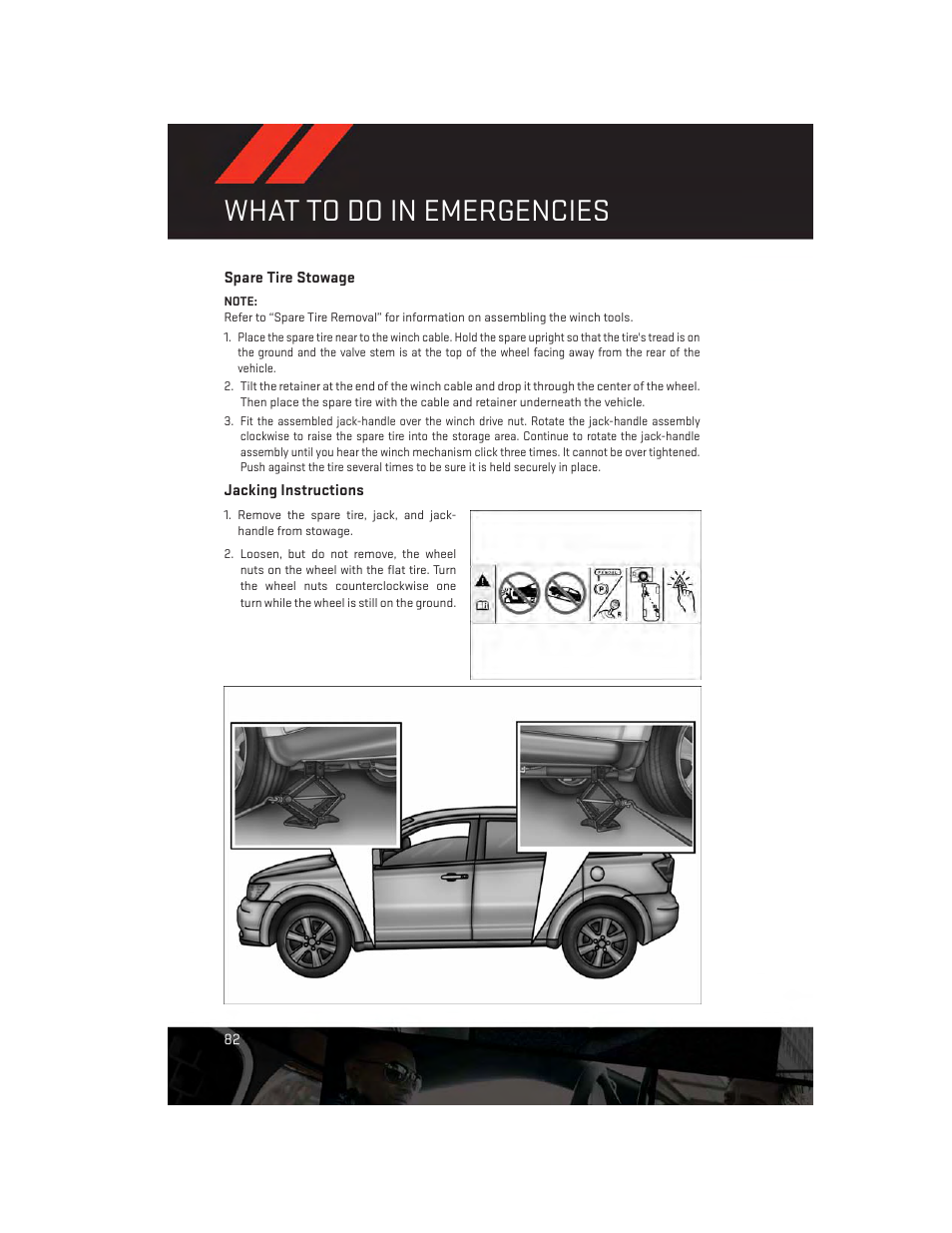 Spare tire stowage, Jacking instructions, What to do in emergencies | Dodge 2014 Journey - User Guide User Manual | Page 84 / 124