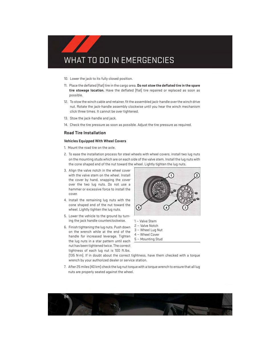 Road tire installation, What to do in emergencies | Dodge 2014 Journey - User Guide User Manual | Page 86 / 124