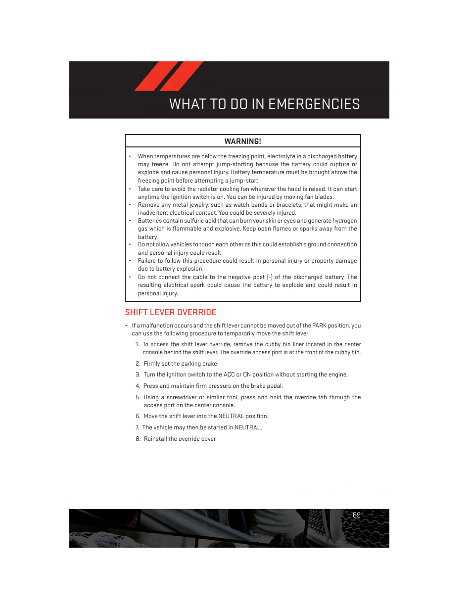 Shift lever override, What to do in emergencies | Dodge 2014 Journey - User Guide User Manual | Page 91 / 124