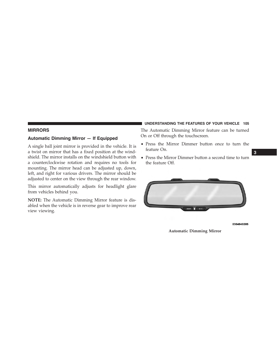 Mirrors, Automatic dimming mirror — if equipped | Dodge 2015 Challenger - Owner Manual User Manual | Page 107 / 618