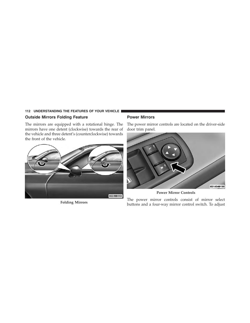 Outside mirrors folding feature, Power mirrors | Dodge 2015 Challenger - Owner Manual User Manual | Page 114 / 618