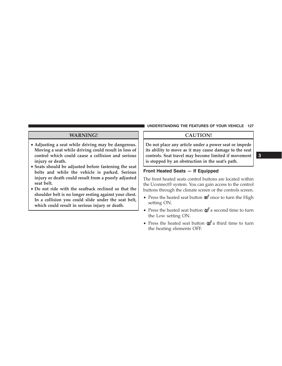 Front heated seats — if equipped | Dodge 2015 Challenger - Owner Manual User Manual | Page 129 / 618