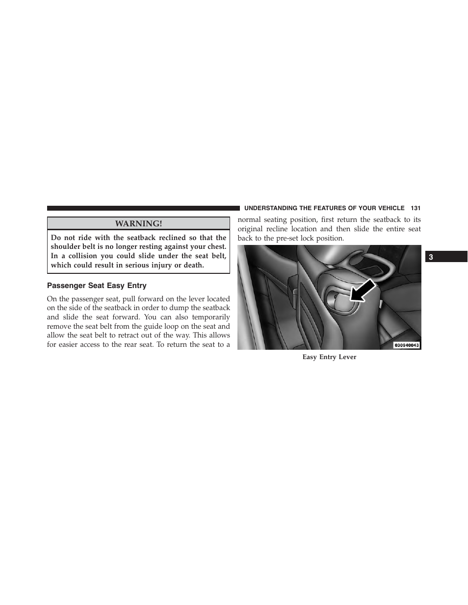 Passenger seat easy entry | Dodge 2015 Challenger - Owner Manual User Manual | Page 133 / 618