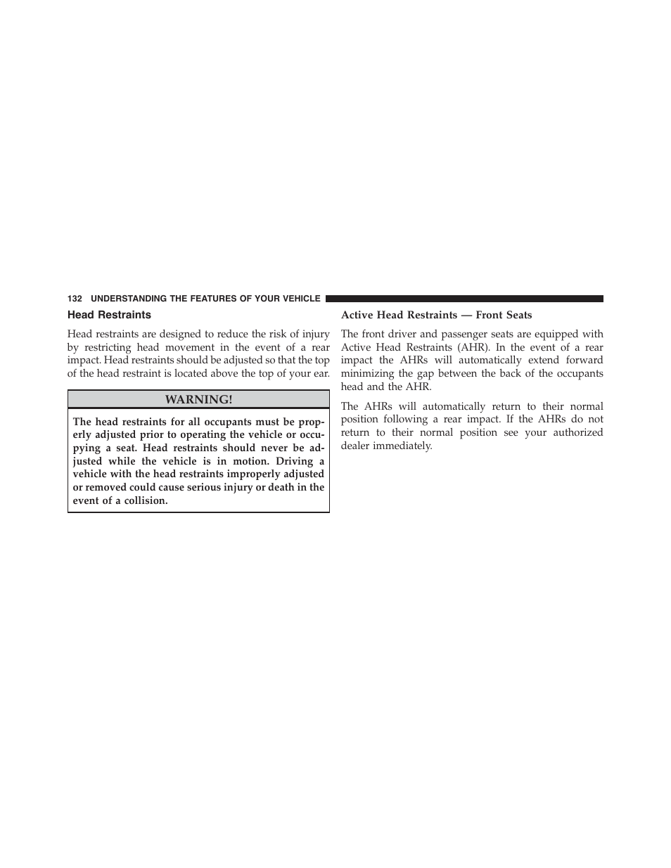 Head restraints, Active head restraints — front seats | Dodge 2015 Challenger - Owner Manual User Manual | Page 134 / 618