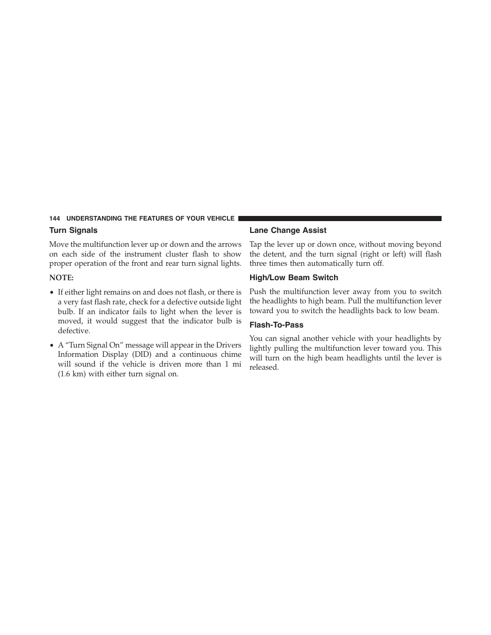 Turn signals, Lane change assist, High/low beam switch | Flash-to-pass | Dodge 2015 Challenger - Owner Manual User Manual | Page 146 / 618