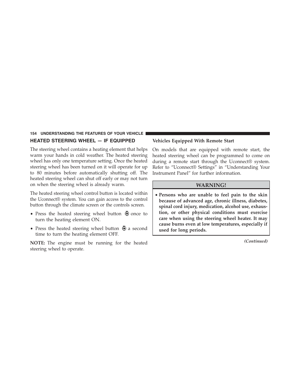 Heated steering wheel — if equipped, Heated steering wheel, If equipped | Dodge 2015 Challenger - Owner Manual User Manual | Page 156 / 618