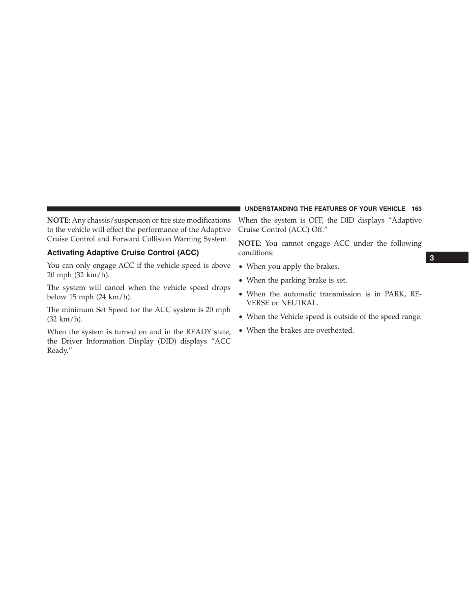 Activating adaptive cruise control (acc) | Dodge 2015 Challenger - Owner Manual User Manual | Page 165 / 618